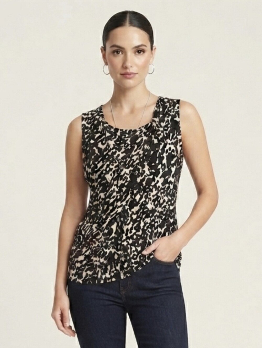 Dana Buchman Black and Cream Printed Draped Neck Sleeveless Top Business Casual